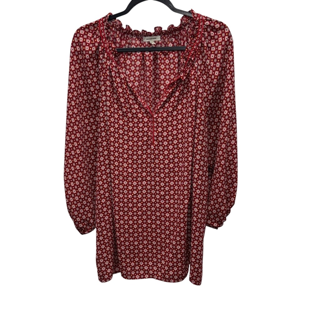 Max Studio Red Geometric Floral Ruffle Neck Blouse Women 2X Balloon Sleeve Boho